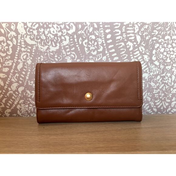 Cole Haan Brown Tan Leather Gold Accent Luxury Large Wallet Clutch - Picture 1 of 12